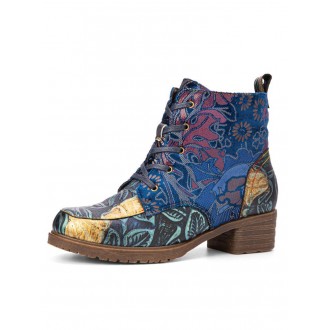 Socofy Vintage Embossed Leather Side Zipper Hard Wearing Short Boots