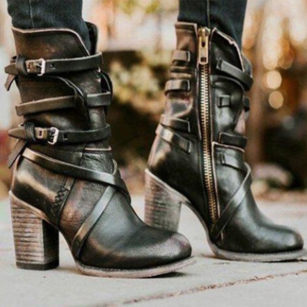 Large Size Women Motorcycle Buckle Strappy Zipper High Heel Middle Boots Large Size Women Motorcycle Buckle Strappy Zipper High Heel Middle Boots