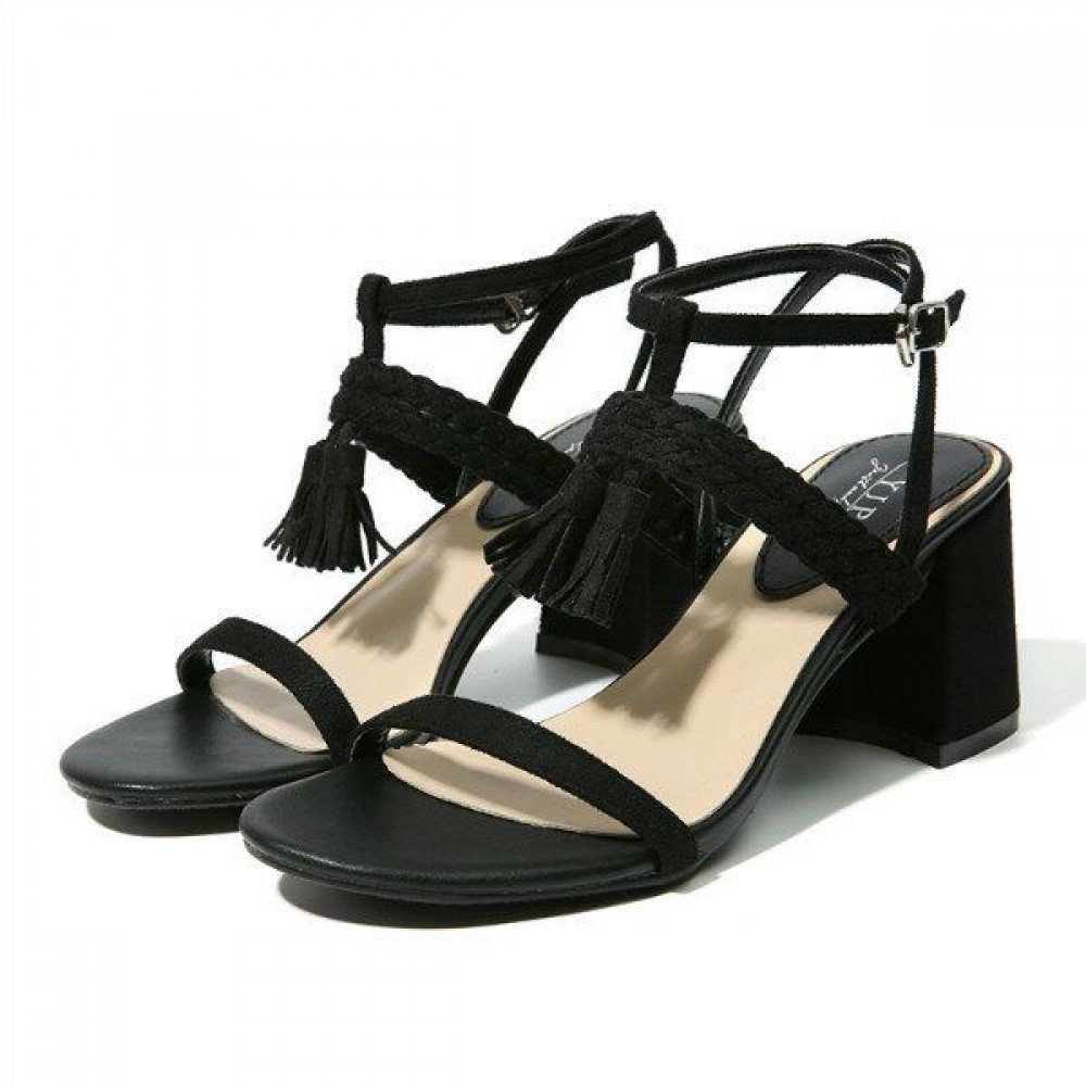 Tassel Woven Block Peep Toe Solid Buckle Strap Sandals Tassel Woven Block Peep Toe Solid Buckle Strap Sandals