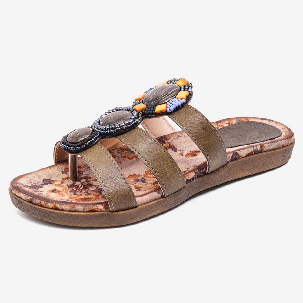 Beaded Bohemia Comfortable Clip Toe Flower Printing Casual Flat Beach Sandals Beaded Bohemia Comfortable Clip Toe Flower Printing Casual Flat Beach Sandals