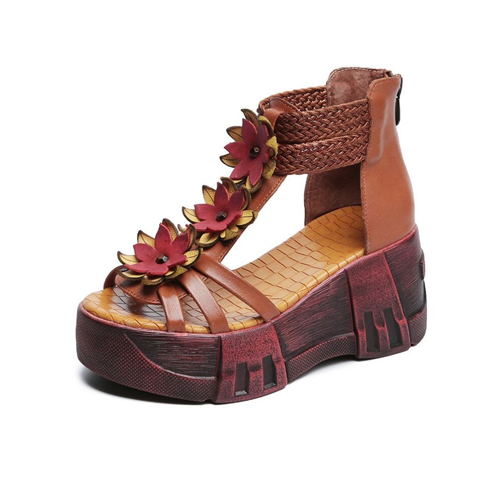 Leather Cozy Bohemia Floral Open Toe Back Zip Platform Sandals Leather Cozy Bohemia Floral Open Toe Back Zip Platform Sandals