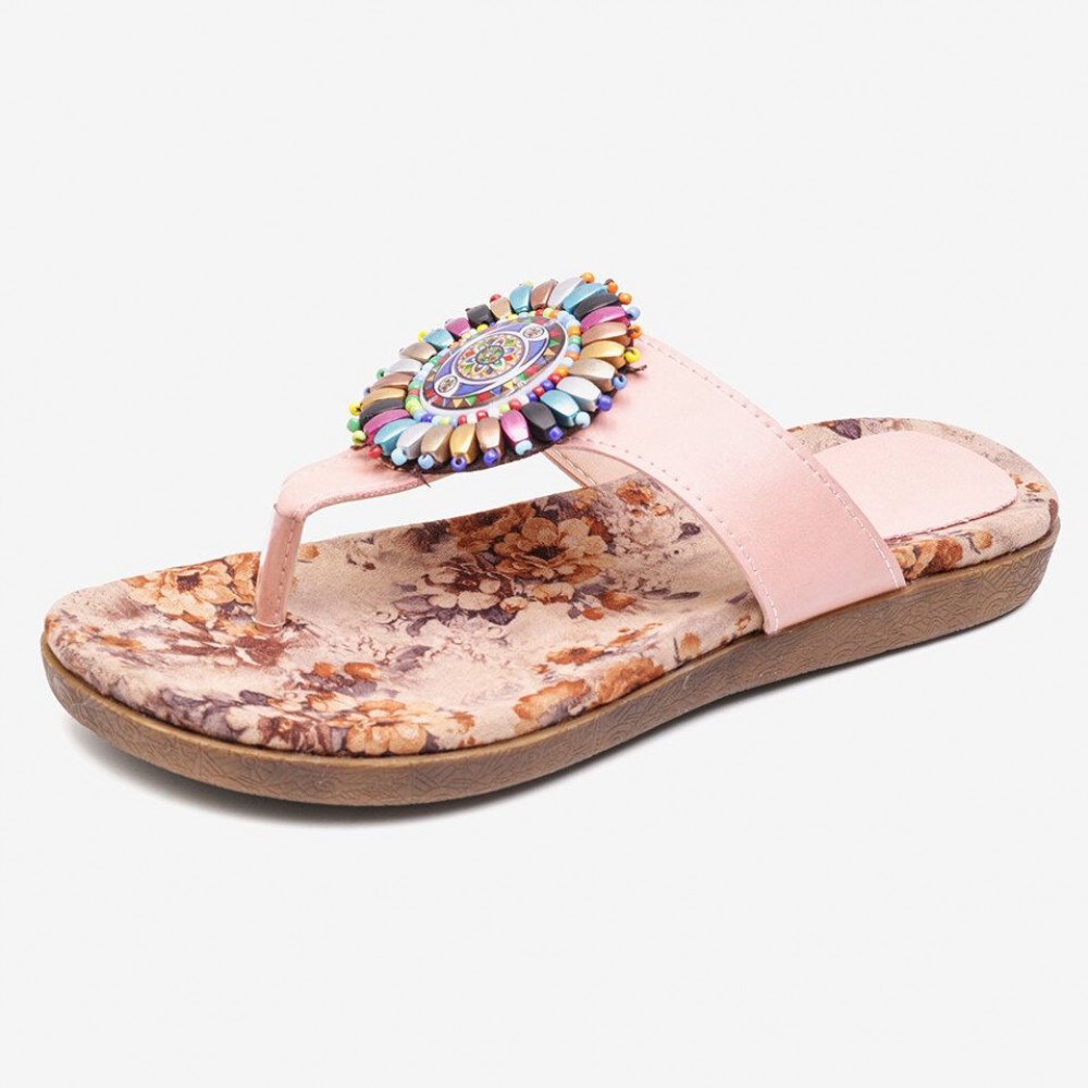Beaded Flip Flops Flower Printing Clip Toe Beach Sandals Beaded Flip Flops Flower Printing Clip Toe Beach Sandals