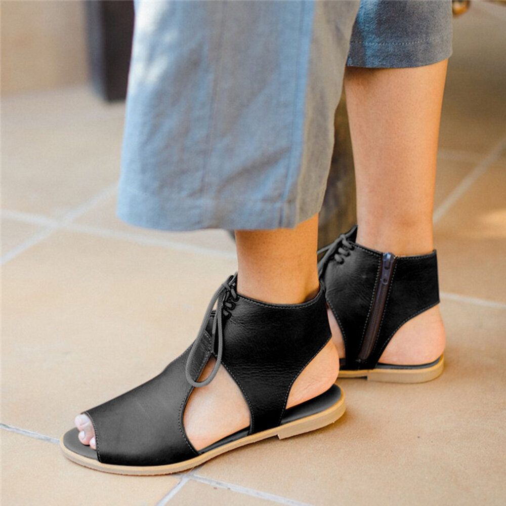 Women Hollow Out Comfy Retro Size Zipper Casual Flat Sandals Women Hollow Out Comfy Retro Size Zipper Casual Flat Sandals