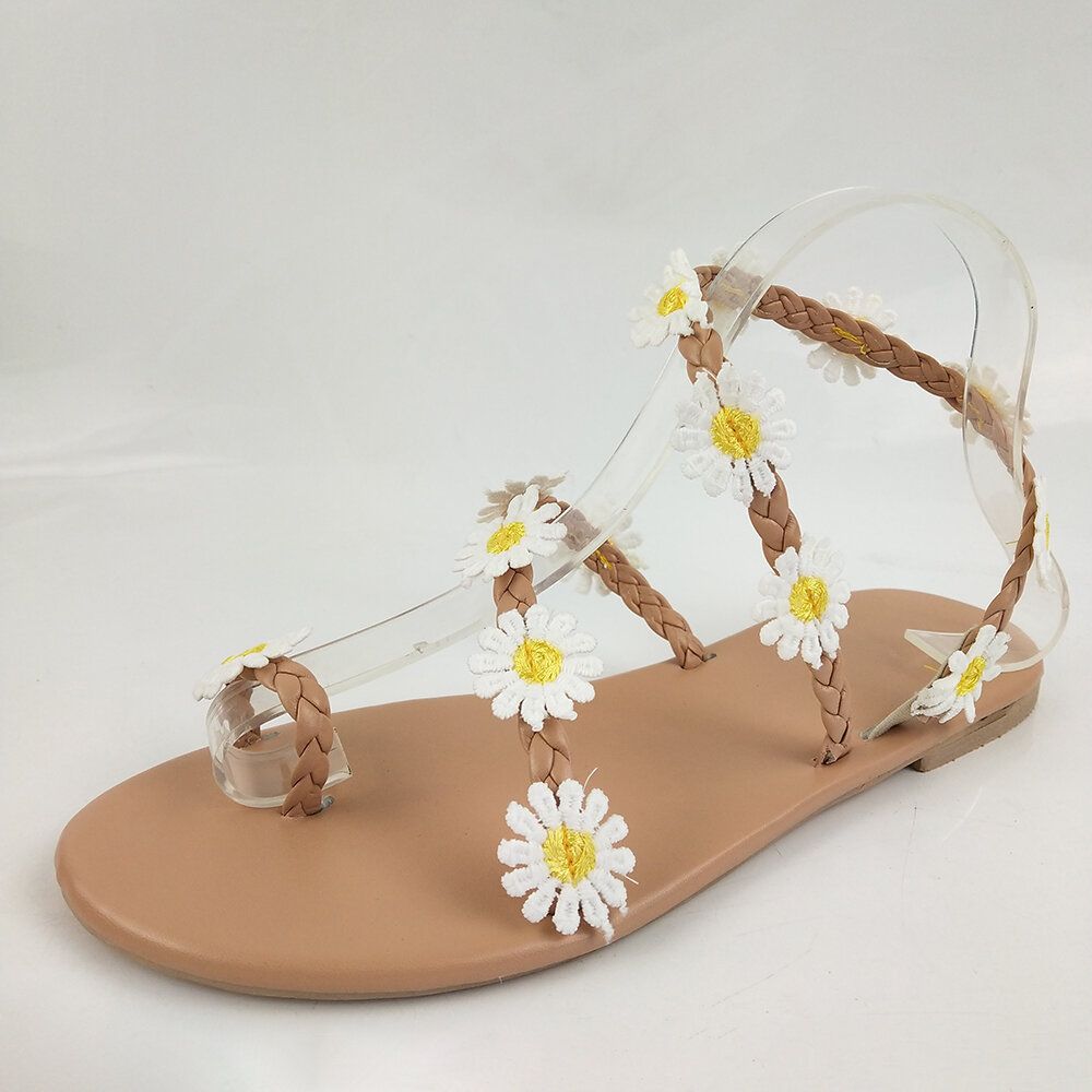 Women Braided Strap Flowers Decor Comfy Clip Toe Beach Sandals Women Braided Strap Flowers Decor Comfy Clip Toe Beach Sandals