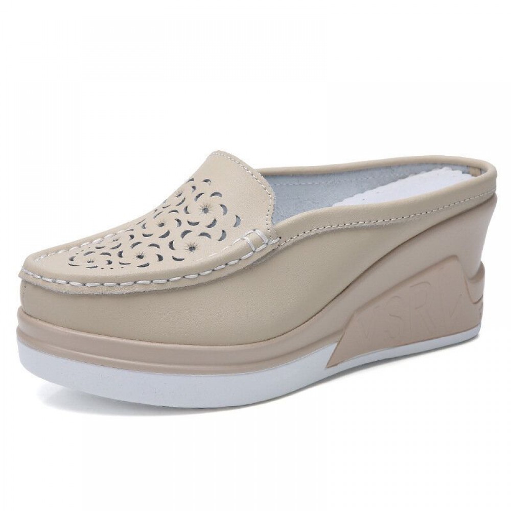 Women Pattern Hollow Leather Comfy Breathable Platform Backless Slippers Women Pattern Hollow Leather Comfy Breathable Platform Backless Slippers
